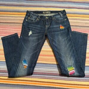 Rock and Roll Cowgirl Rival Low Rise Skinny Jeans Serape Patch Distressed 28x32